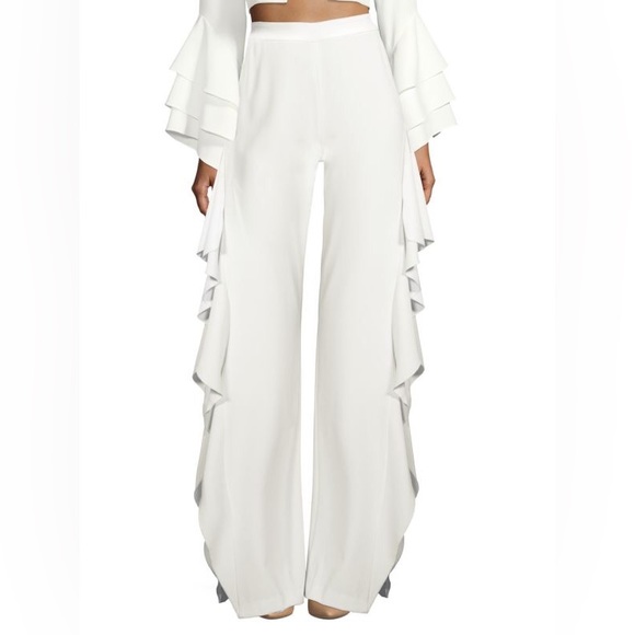 NWT! Alice + Olivia Estelle Ruffle Side Slit Pants- Off White size 4 - Picture 2 of 5